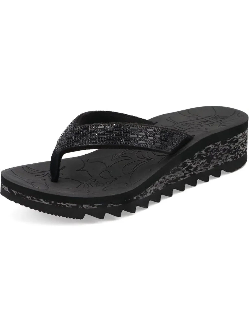 Women's Black Summer Comfortable Wedge Flip Flop with Rhinestone Walking Sandals